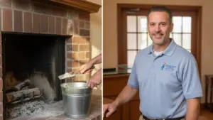 Chimney sweep professional demonstrates ash removal from fireplace.