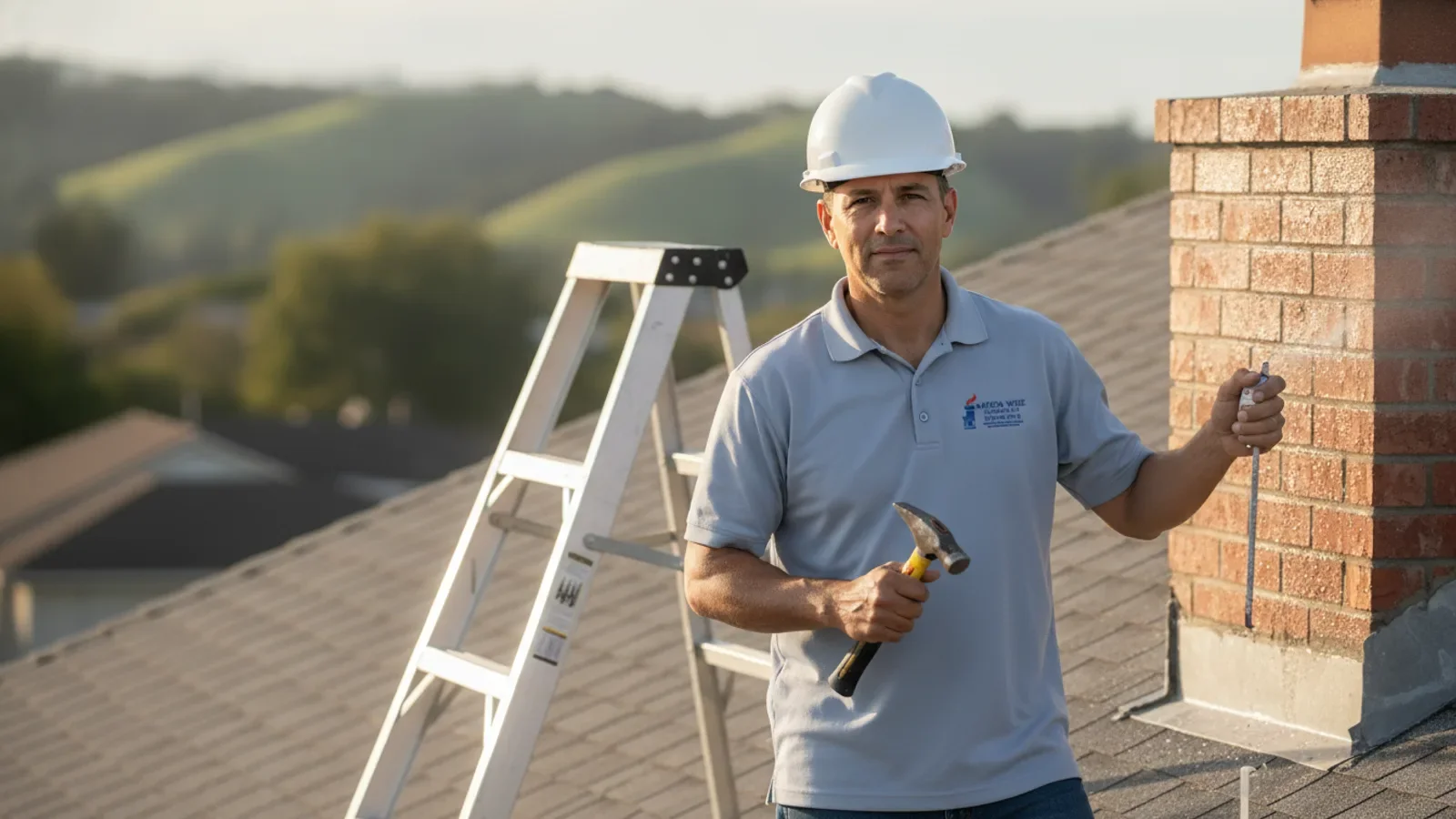 Roofing contractor with hard hat and hammer standing on residential roof beside brick chimney.
