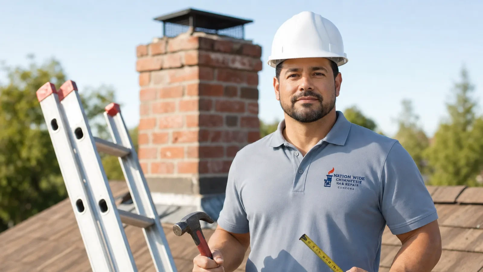 Chimney sweep professional on residential rooftop with ladder and tools.