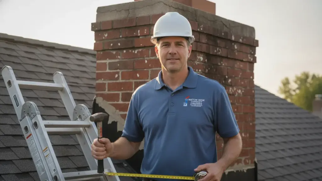 Chimney contractor in hard hat poses on residential roof with tools and ladder.
