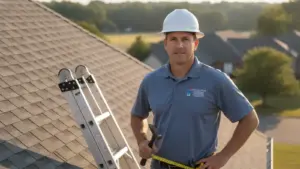 Professional roofer with ladder and tools on residential roofing job site.