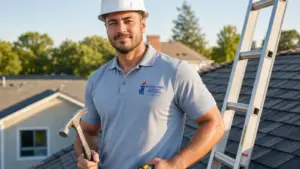 Professional chimney technician on residential rooftop with tools and ladder.