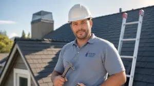 Professional roofer on residential roof holding hammer with safety helmet and ladder visible.