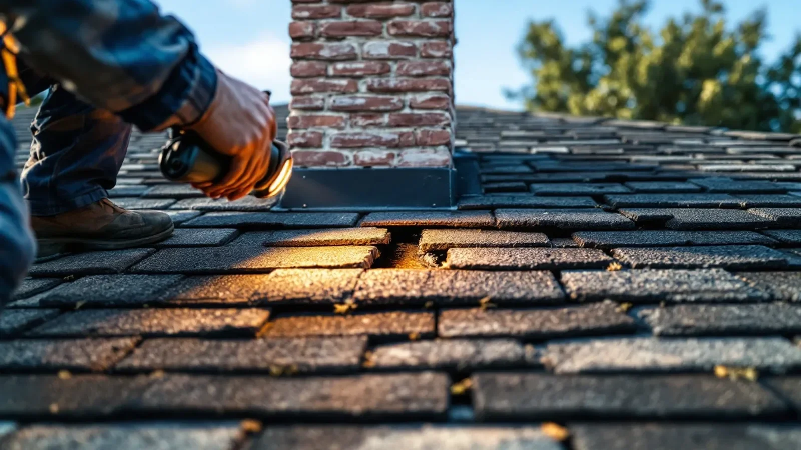 Roofer inspecting damaged asphalt shingles near brick chimney during roof repair.