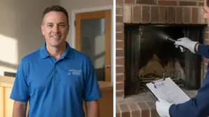 Home inspector in blue uniform inspecting fireplace with checklist and flashlight.