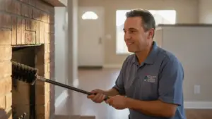 Professional chimney sweep inspecting brick fireplace with brush tool indoors.