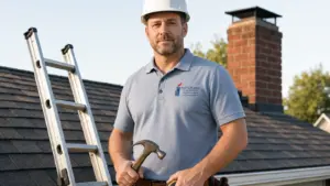 Professional chimney sweep technician on roof with tools and safety equipment.