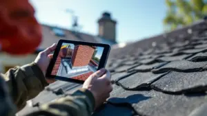 Inspector reviews roof damage documentation on tablet during residential property assessment.