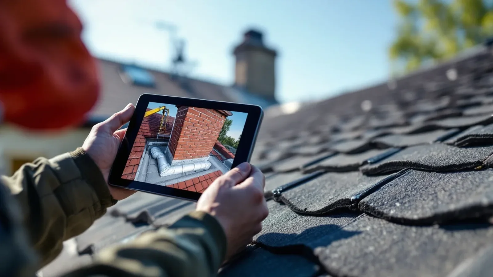 Inspector reviews roof damage documentation on tablet during residential property assessment.